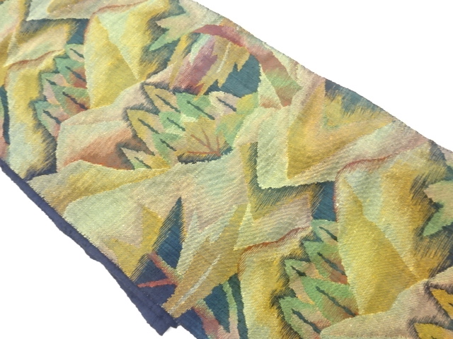 リサイクル　手織り紬山並みに木々模様織出し名古屋帯